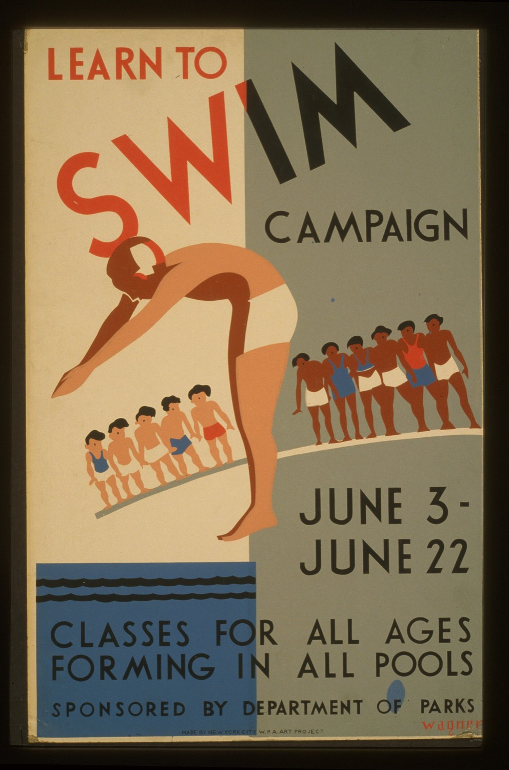 1930s poster: a diver in the foreground, two rows of children in swimsuits on a diving board, the words 'Learn to swim campaign'