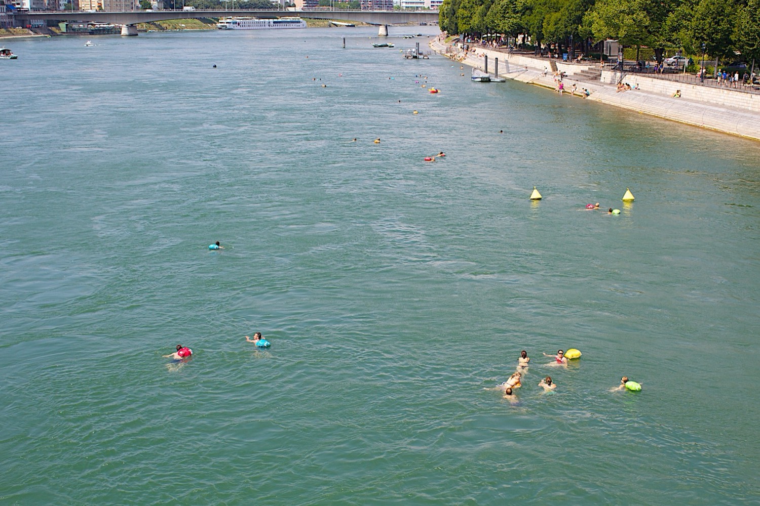 Dozens of swimmers let themselves be carried by the current of the Rhine with yellow, red, and green waterproof bags