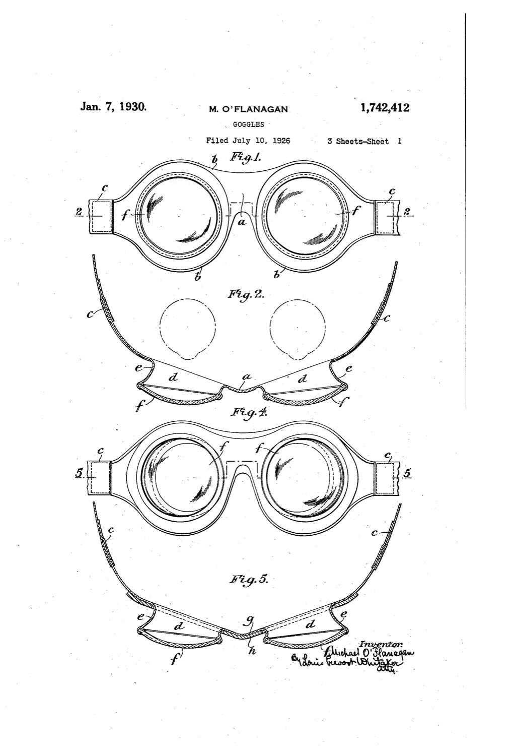 First plate of the patent: four figures of a pair of round-lens goggles with a soft mask, seen from above and in section, with reference letters and the inventor's signature at the bottom