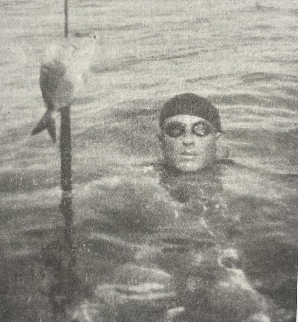 Black and white photograph: a man with a dark swim cap and round goggles surfaces from the water next to a spear with a fish impaled on it