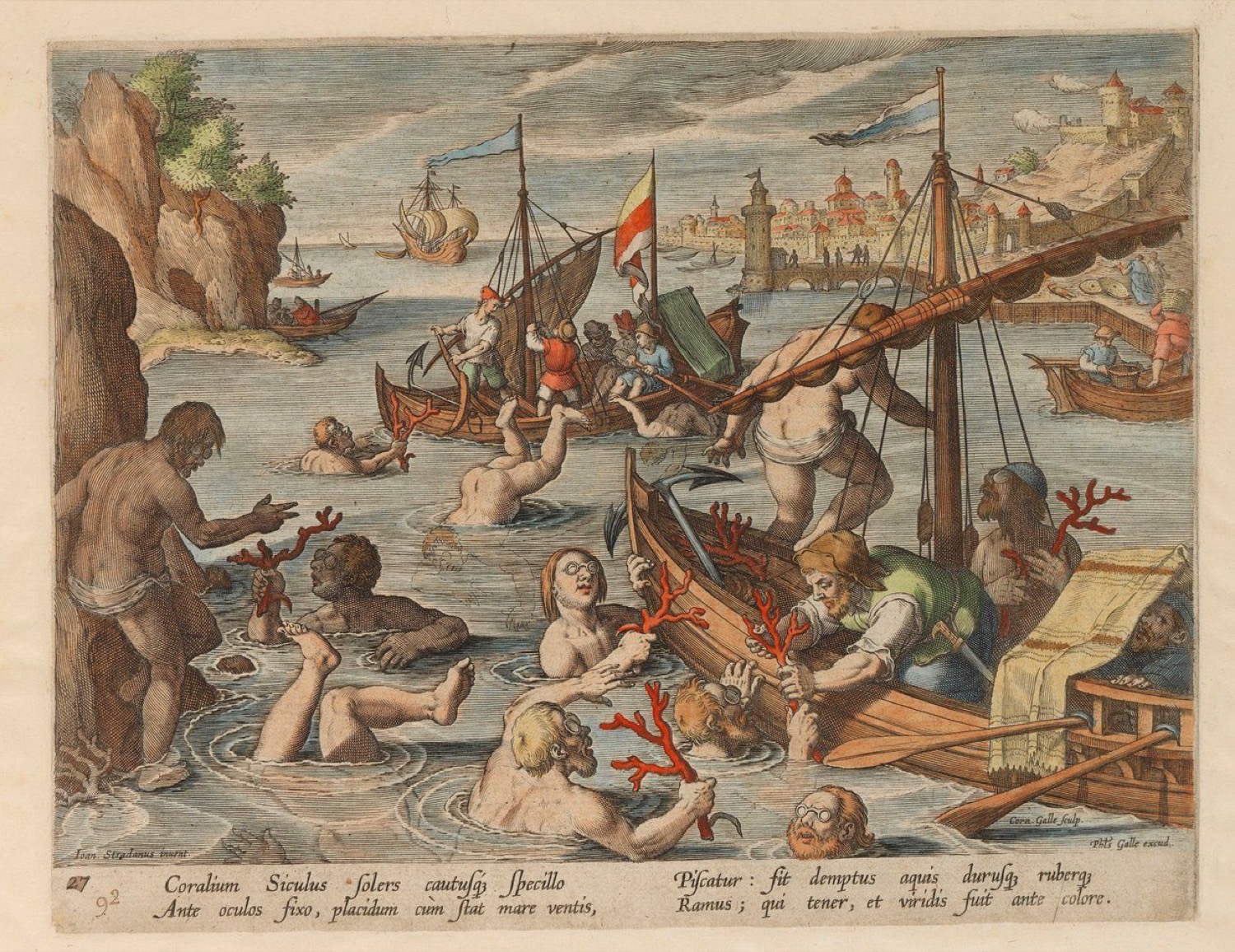 The full plate of the 1596 engraving: two boats, the divers in the water with goggles, and the branches of coral just torn off