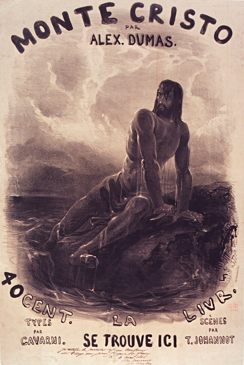 19th-century poster: a semi-naked man clinging to a rock in the middle of the waves, the sea in a storm around him