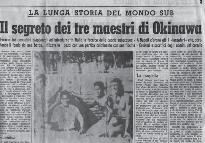 Clipping of the 1978 newspaper page: the headline «The secret of the three masters from Okinawa», the full-width summary, and a black and white photograph of some men in the water