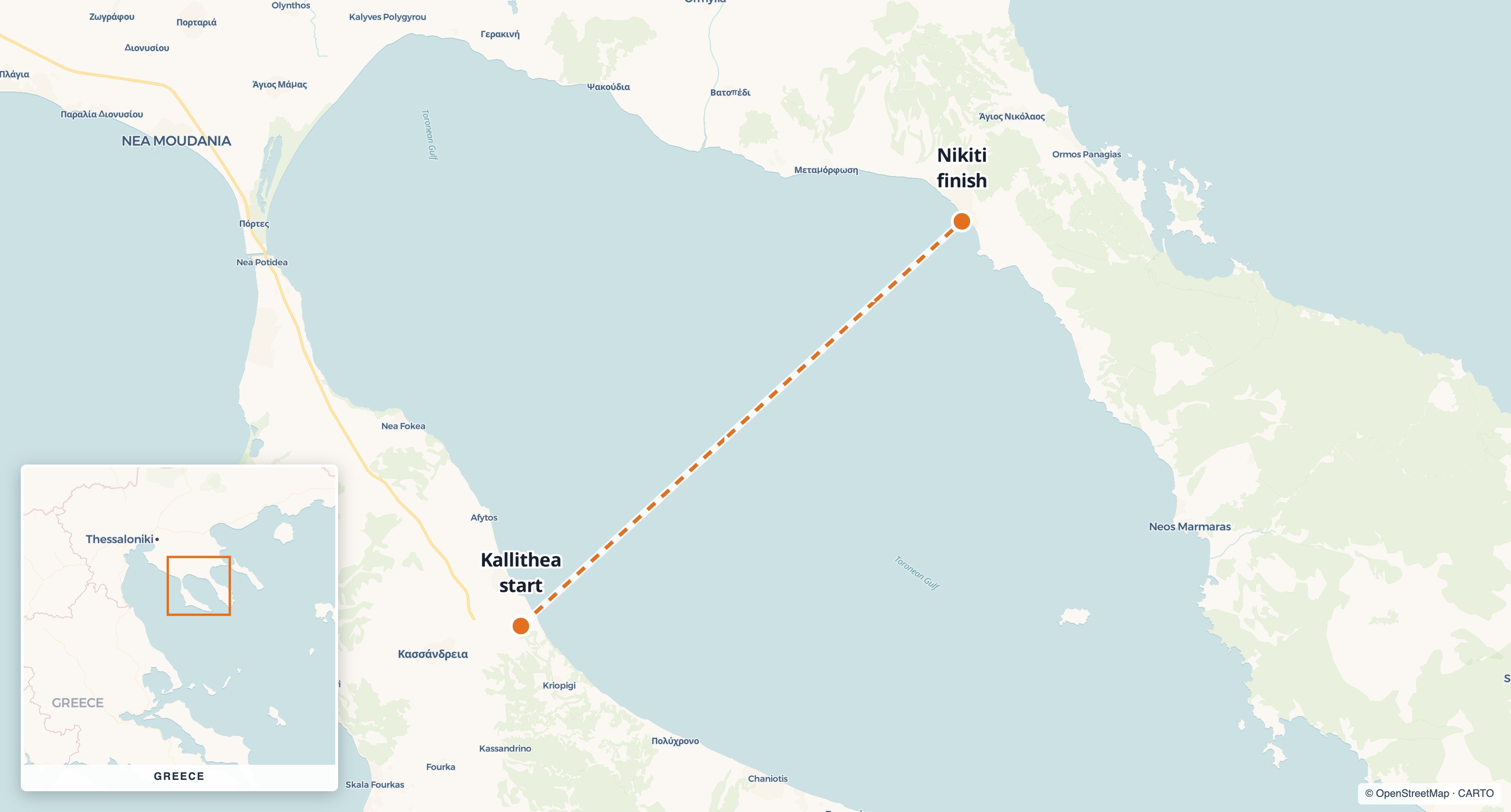 The route of the crossing, from Kallithea to Nikiti