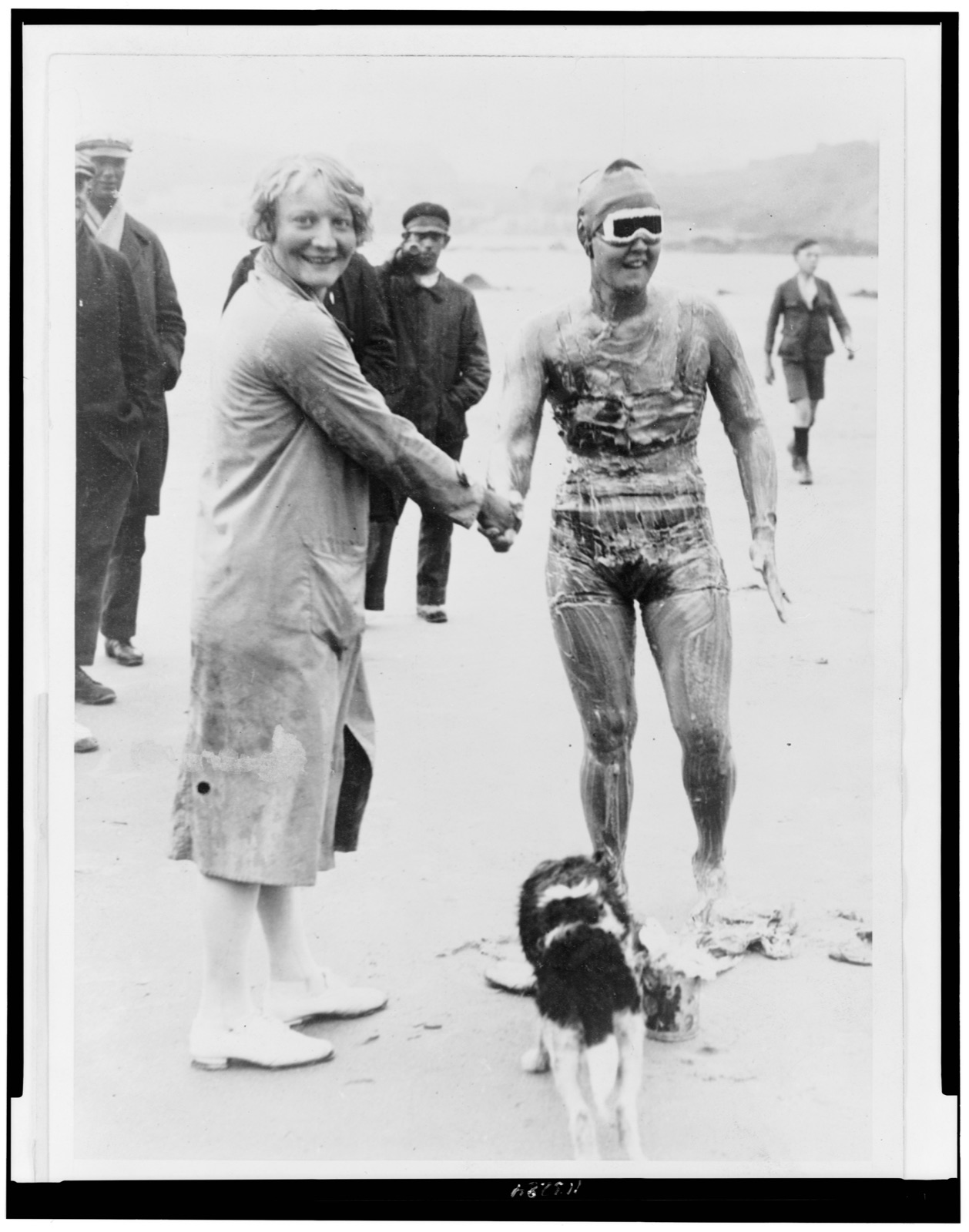 Gertrude Ederle, covered in grease, at the start from Cap Gris-Nez on 6 August 1926.