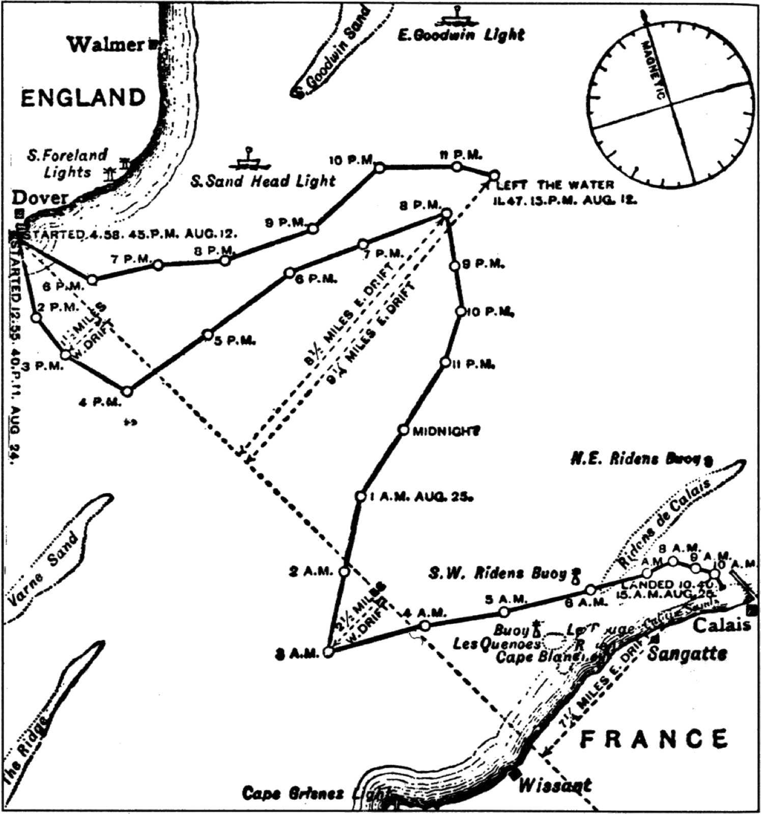 The routes of Matthew Webb's two attempts, 12 and 24-25 August 1875, hour by hour: the second reaches Calais.