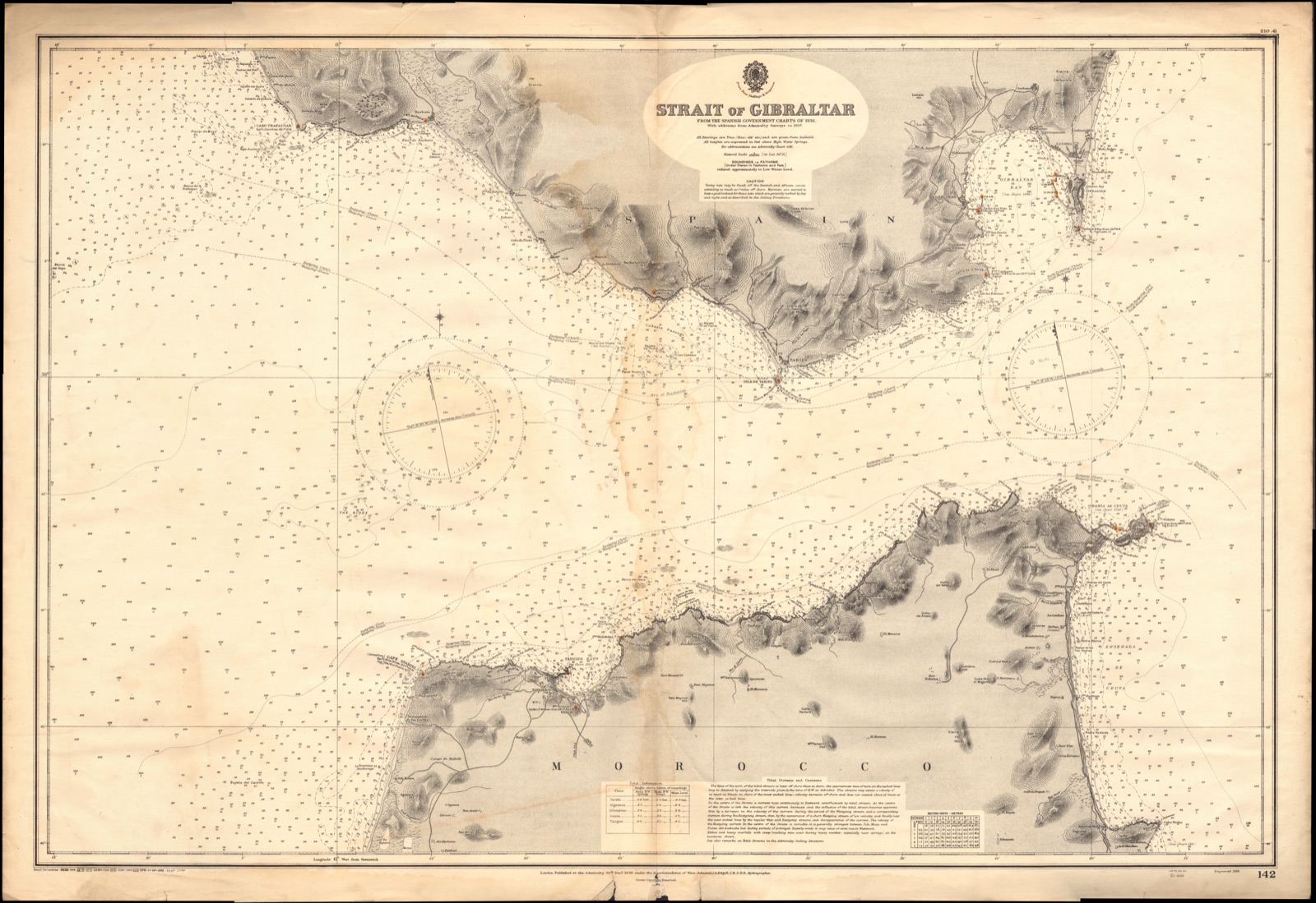 The Strait of Gibraltar on British Admiralty chart No. 142, 1938 edition.